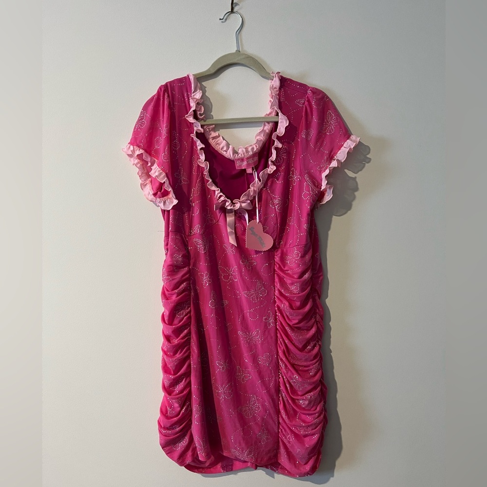 Sugar Thrillz ruched pink butterfly mini dress